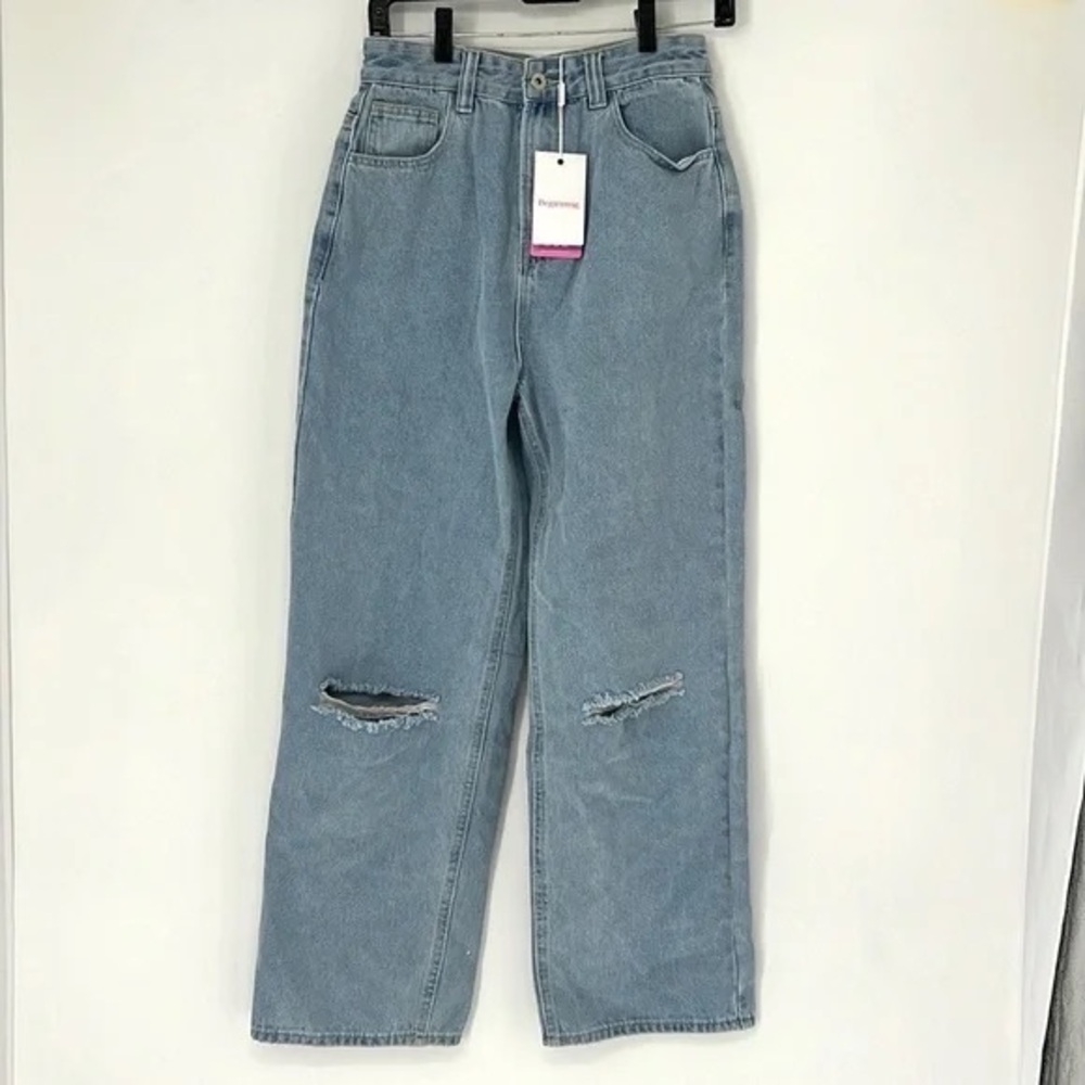 Papermoon Denim Blue Distressed Straight Leg Jeans
